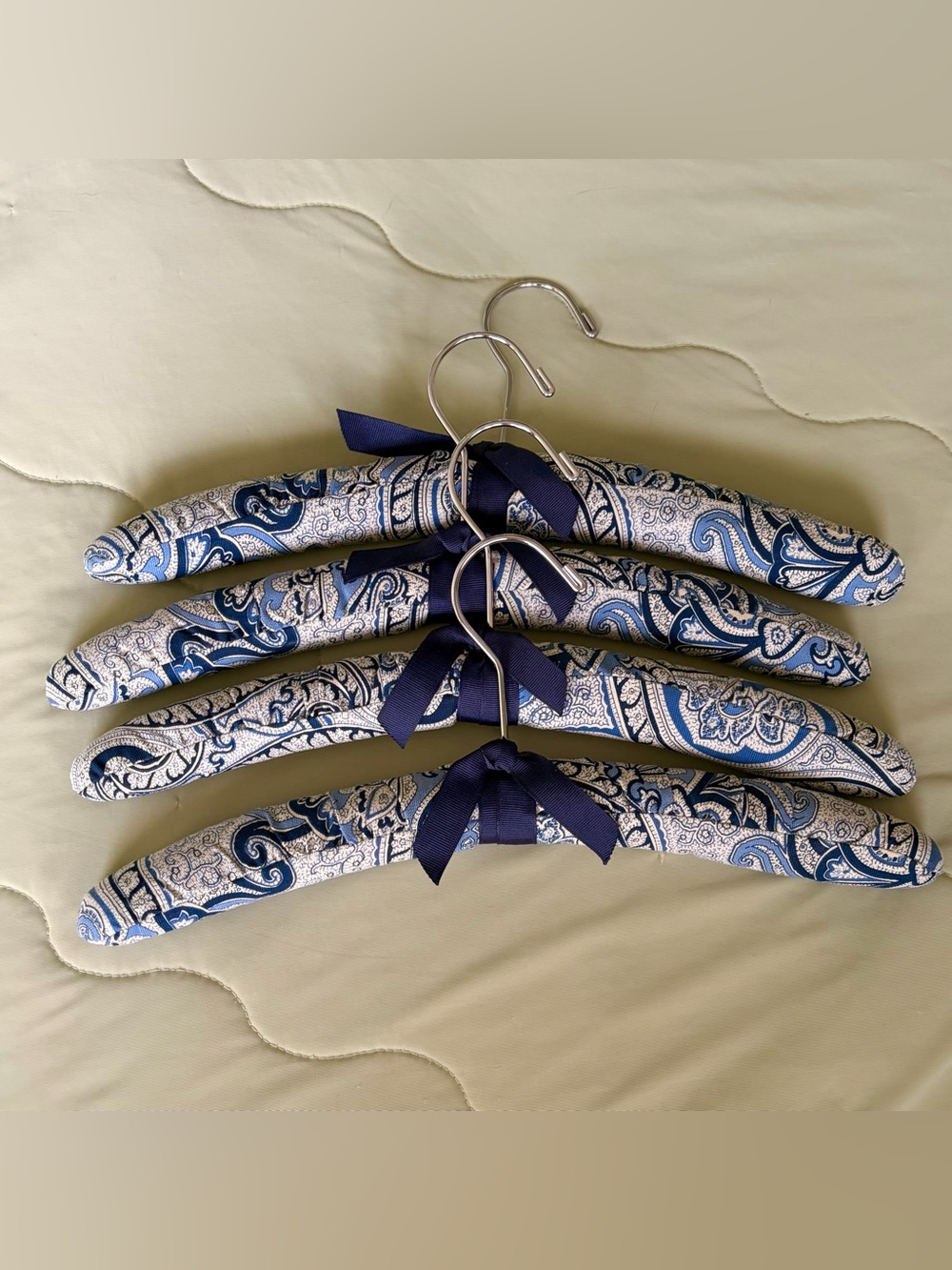 Padded Paisley Style Print Fabric Hangers in Navy and Cream - Set of 4